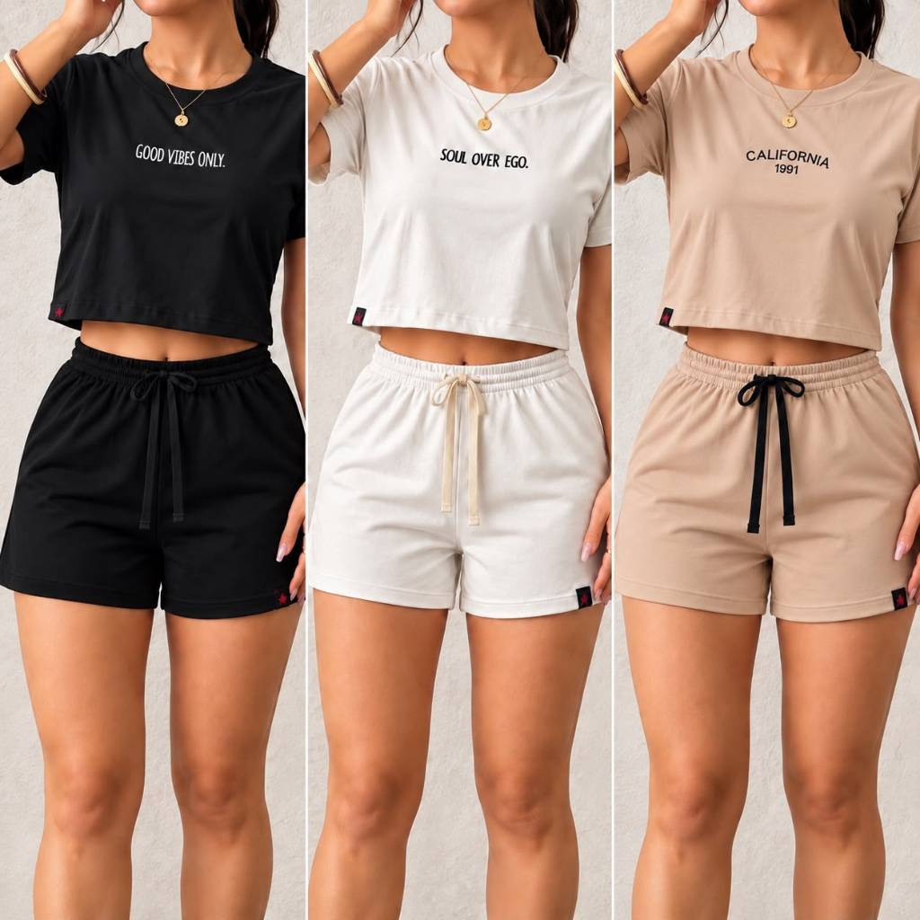 3 COJUNTO FEMININO SHORT E CROPPED DE MOLETOM