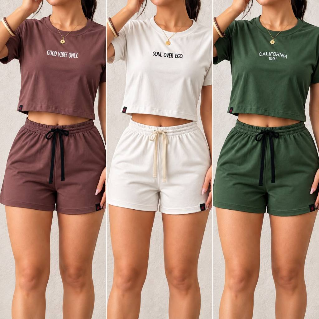 3 COJUNTO FEMININO SHORT E CROPPED DE MOLETOM
