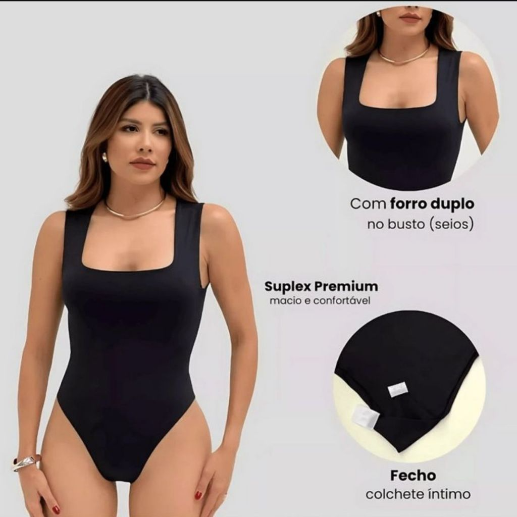 Body Feminino Suplex Regata Alças Grossas Collant Decote Quadrado Básico