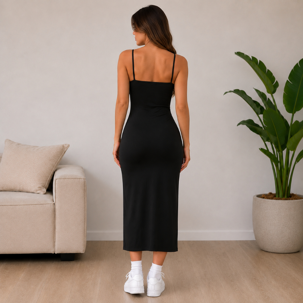 Vestido Feminino Midi Colado Com Fenda Na Frente Drapedo Suplex Premium