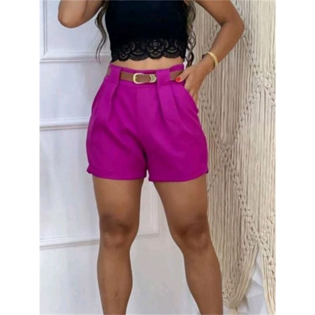Short Feminino Social Com CINTO e BOLSOS Cintura Alta