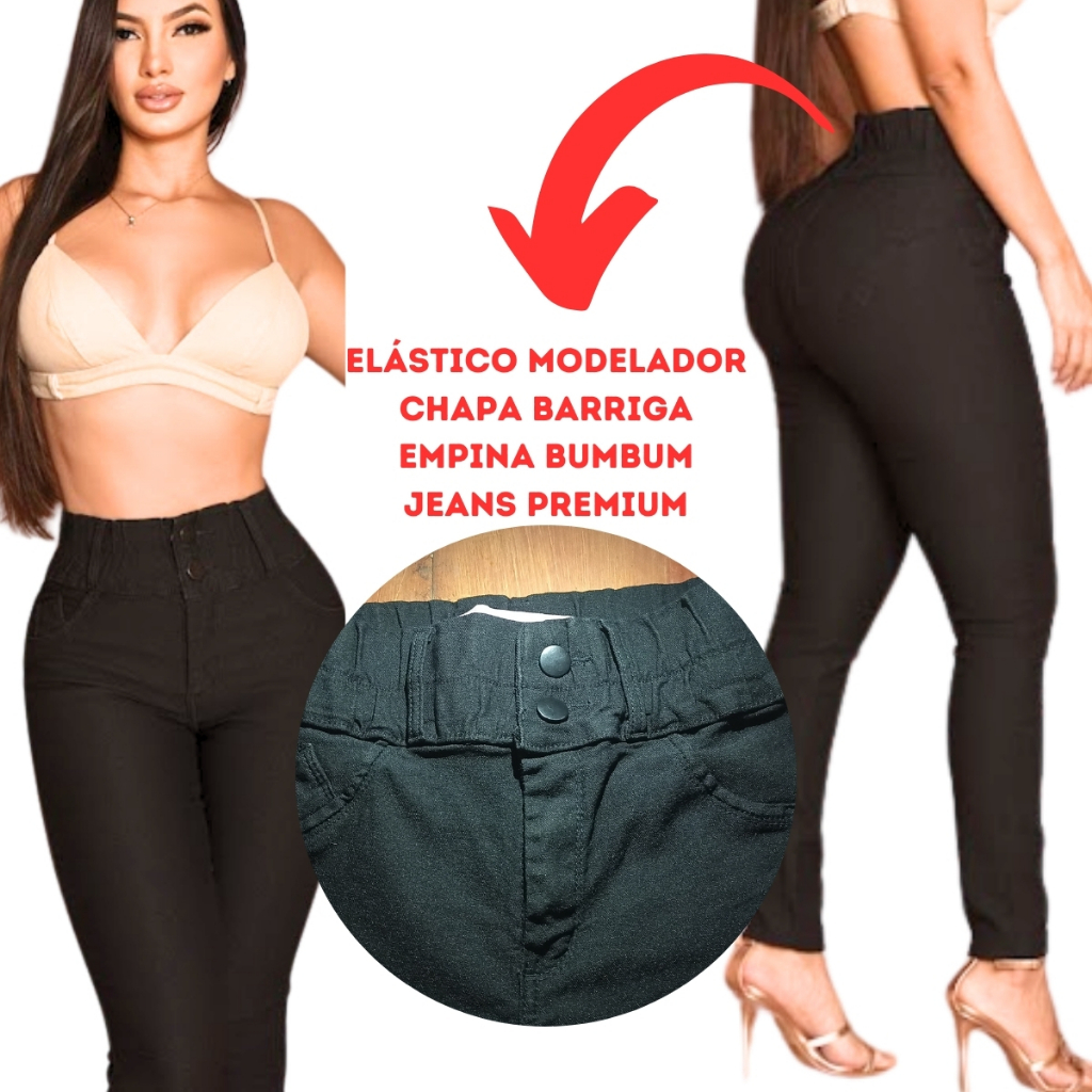 Calça Jeans Lipo Modeladora Cós Alto Empina Bumbum Strech Chapa Barriga