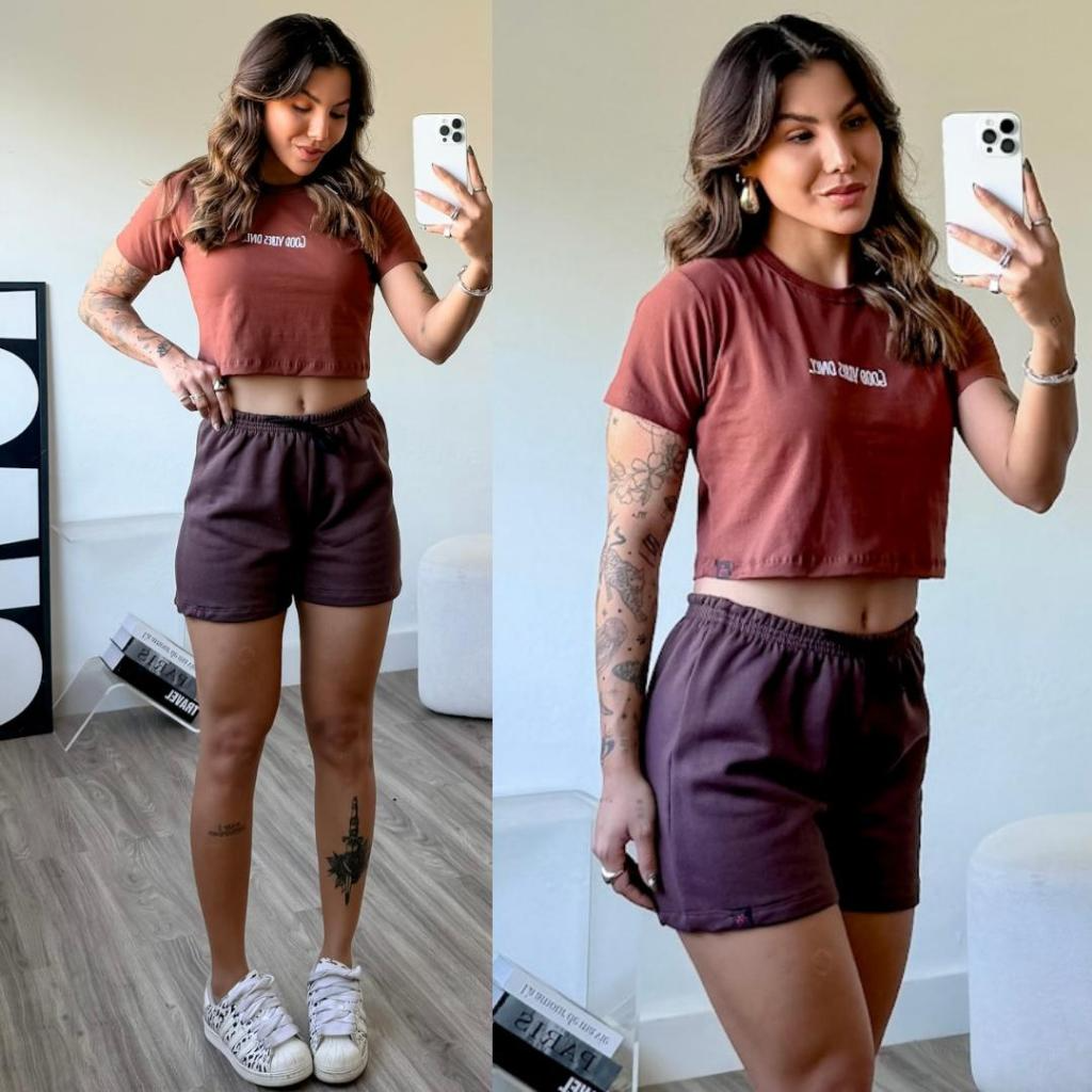 3 COJUNTO FEMININO SHORT E CROPPED DE MOLETOM