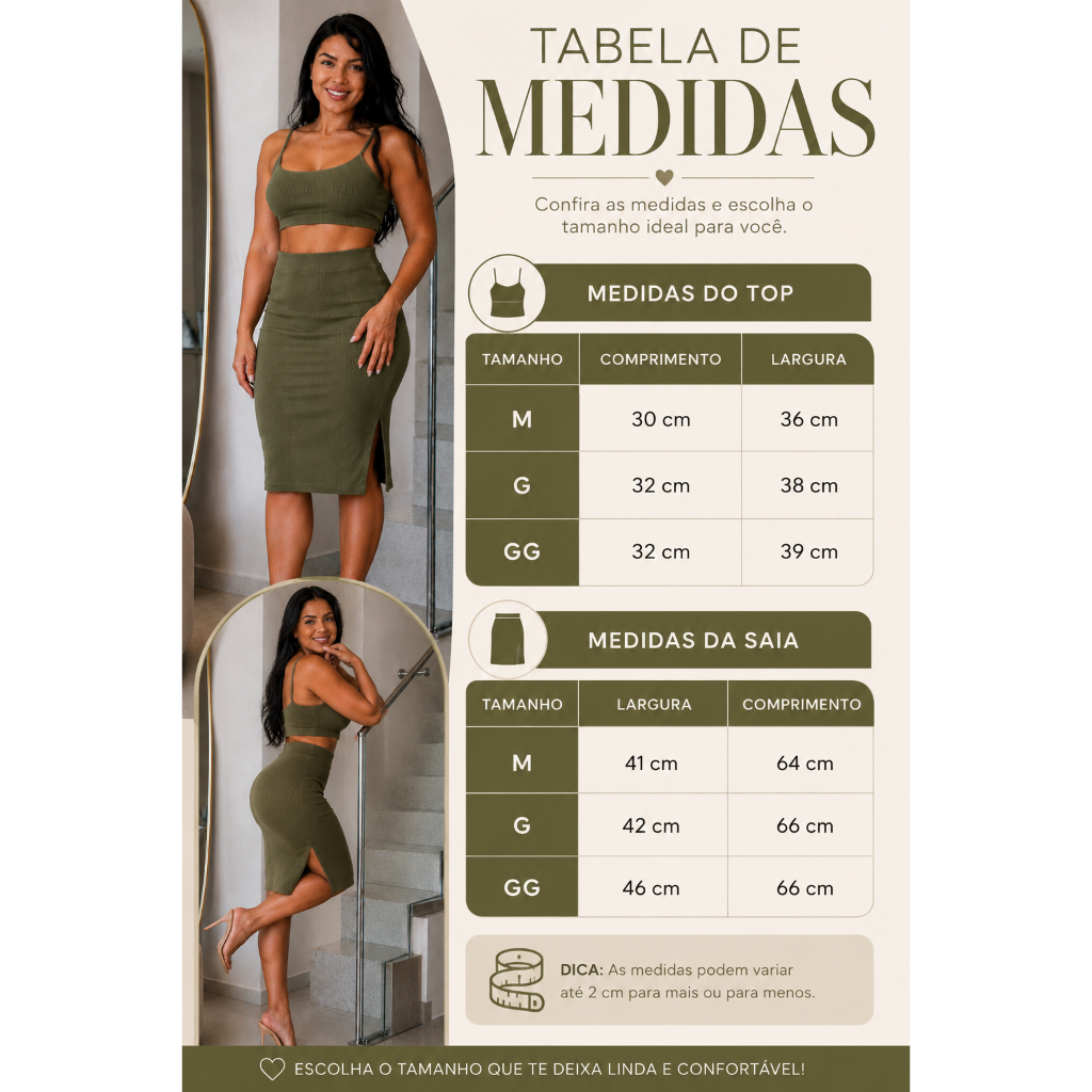 Conjunto Feminino Canelado Cropped Alça Saia Midi Tubinho Cintura Alta