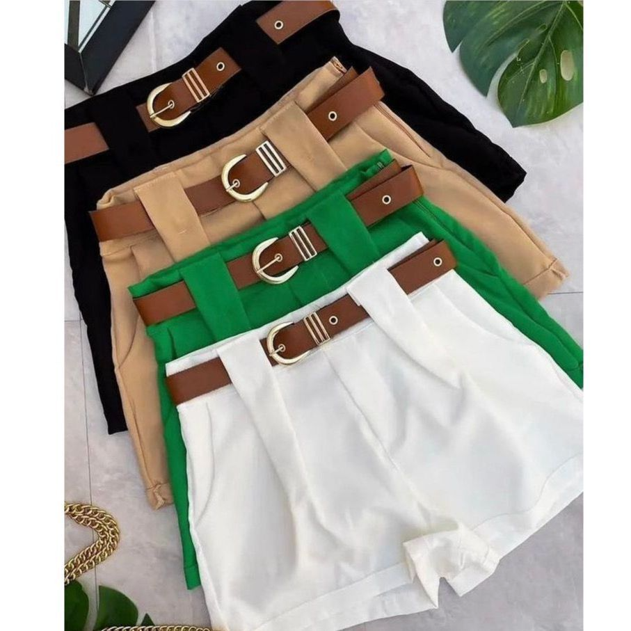 Short Feminino Social Com CINTO e BOLSOS Cintura Alta