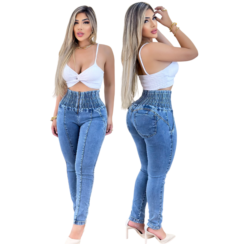 Calça Jeans Lipo Modeladora Cós Alto Empina Bumbum Strech Chapa Barriga