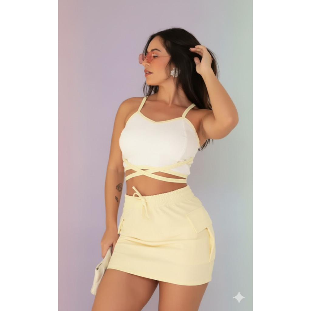 Conjunto Moletinho Feminino Cropped Com Bojo Saia Moletinho Com Bolso Cargo