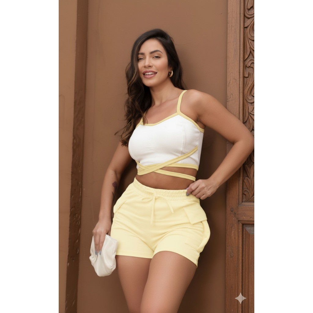 Conjunto Moletinho Feminino Cropped Com Bojo Saia Moletinho Com Bolso Cargo