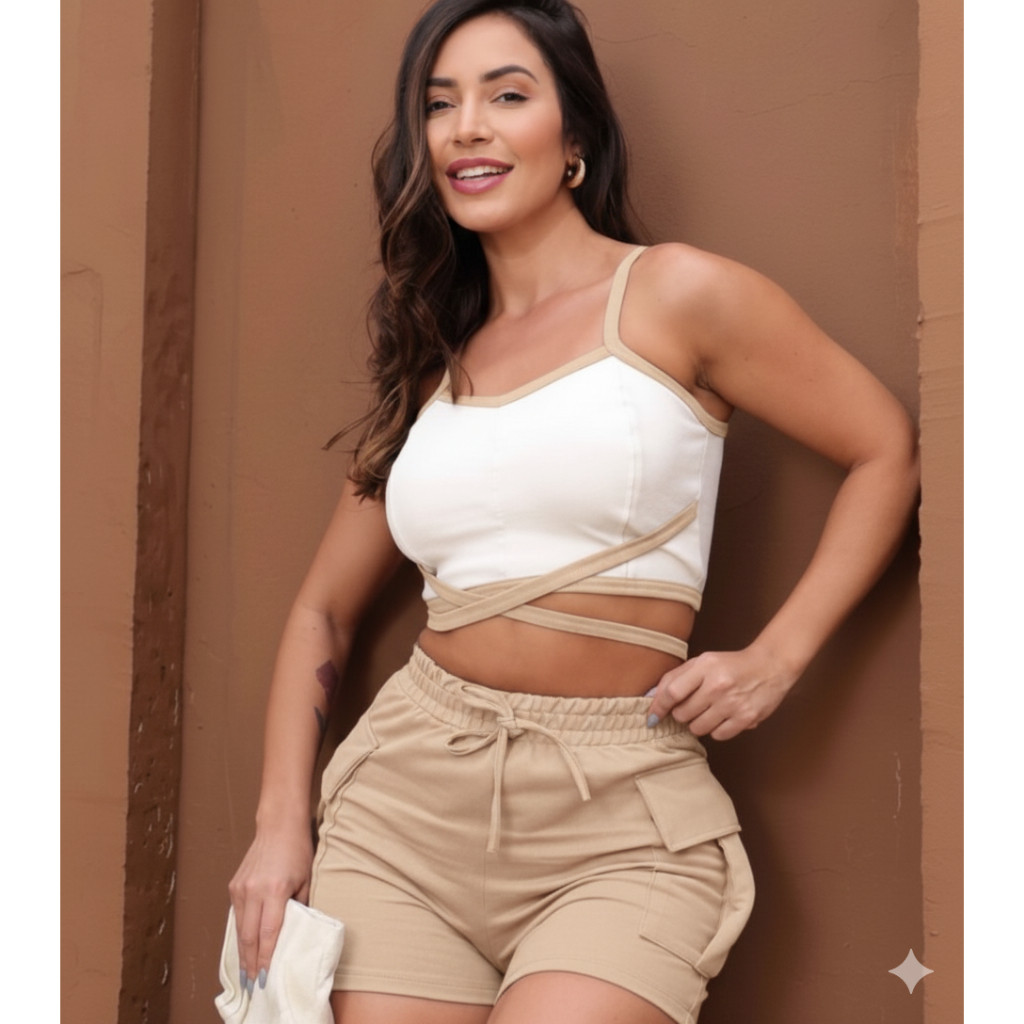 Conjunto Moletinho Feminino Cropped Com Bojo Saia Moletinho Com Bolso Cargo