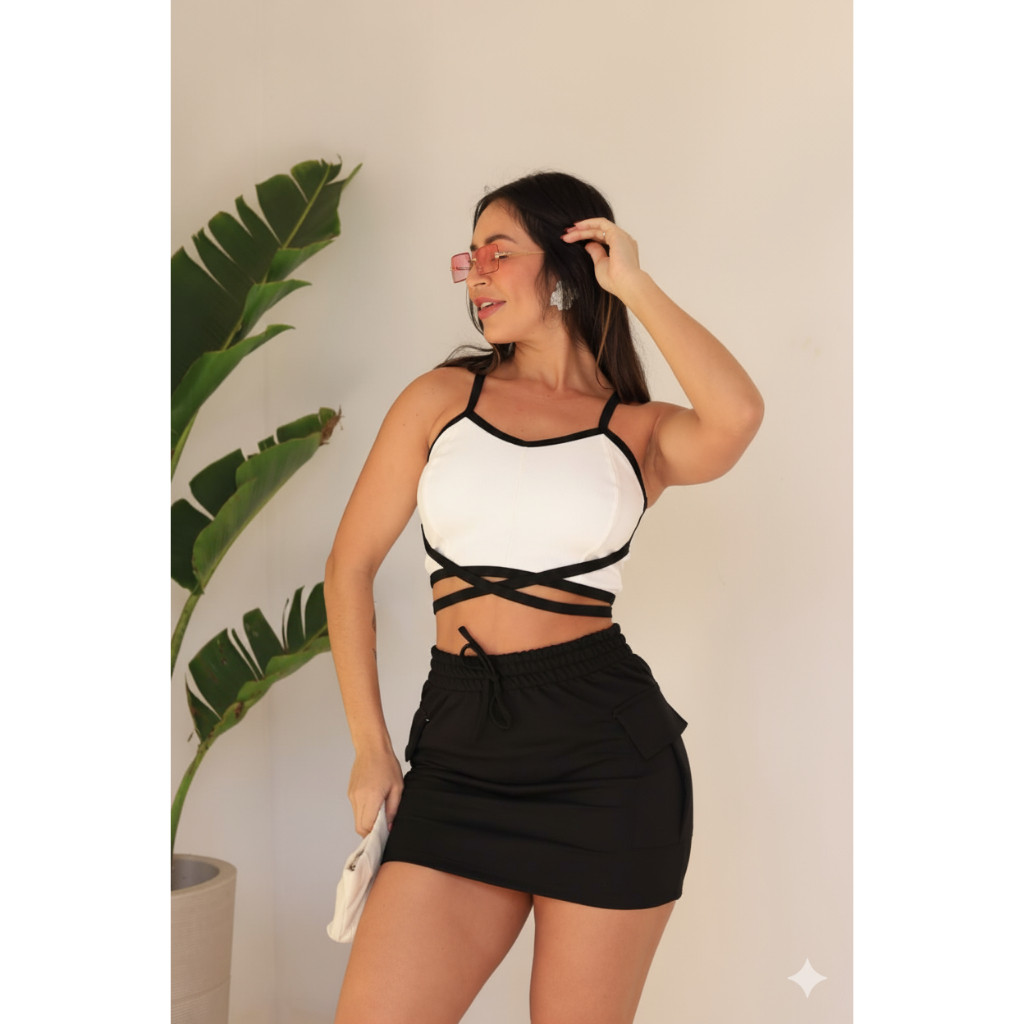 Conjunto Moletinho Feminino Cropped Com Bojo Saia Moletinho Com Bolso Cargo