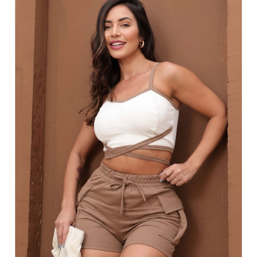Conjunto Moletinho Feminino Cropped Com Bojo Saia Moletinho Com Bolso Cargo
