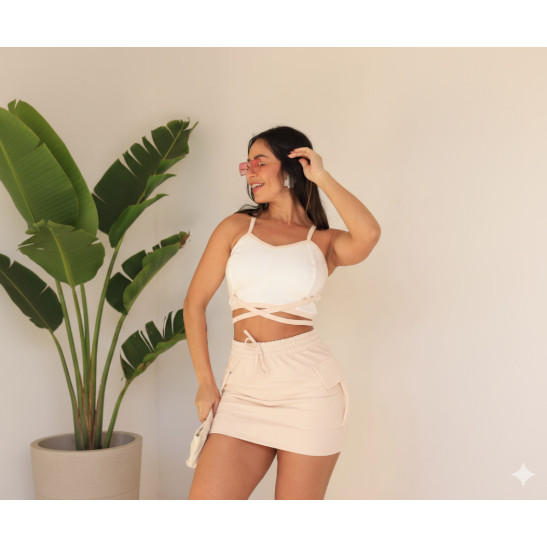 Conjunto Moletinho Feminino Cropped Com Bojo Saia Moletinho Com Bolso Cargo