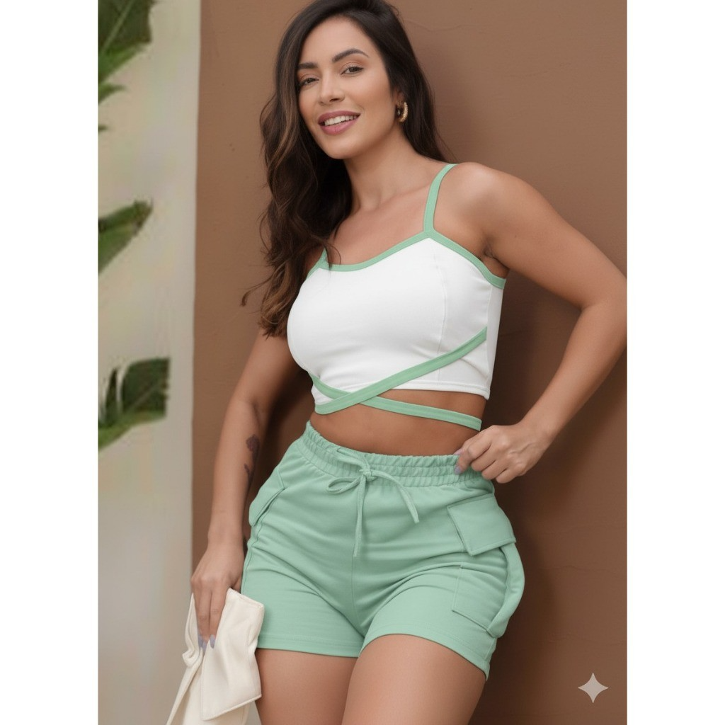 Conjunto Moletinho Feminino Cropped Com Bojo Saia Moletinho Com Bolso Cargo