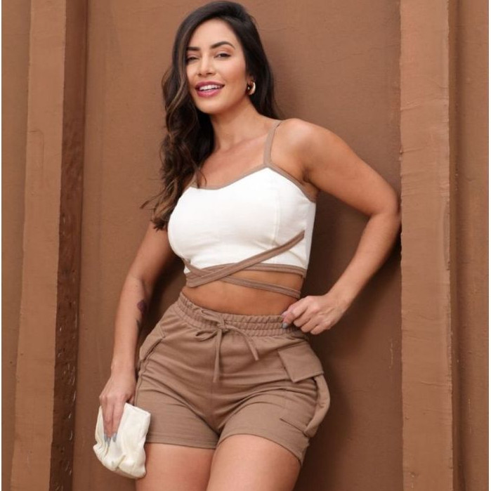 Conjunto Moletinho Feminino Cropped Com Bojo Saia Moletinho Com Bolso Cargo