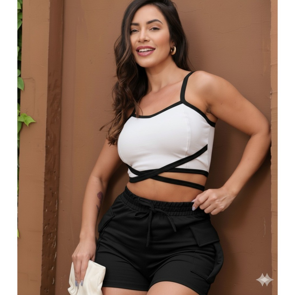 Conjunto Moletinho Feminino Cropped Com Bojo Saia Moletinho Com Bolso Cargo