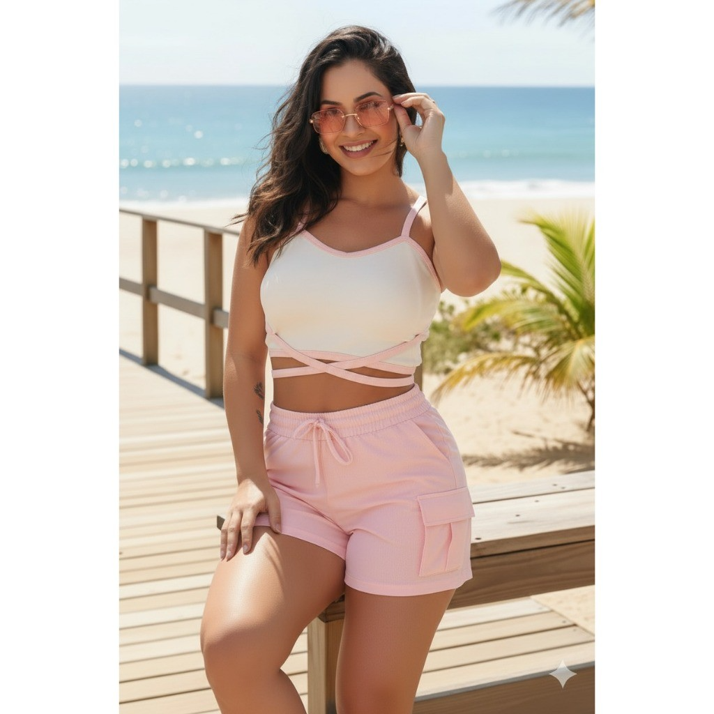 Conjunto Moletinho Feminino Cropped Com Bojo Saia Moletinho Com Bolso Cargo