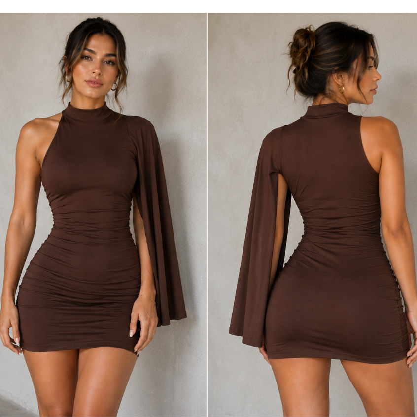 Vestido Feminino Curto Gola Alta Nula Manga Moda Gringa