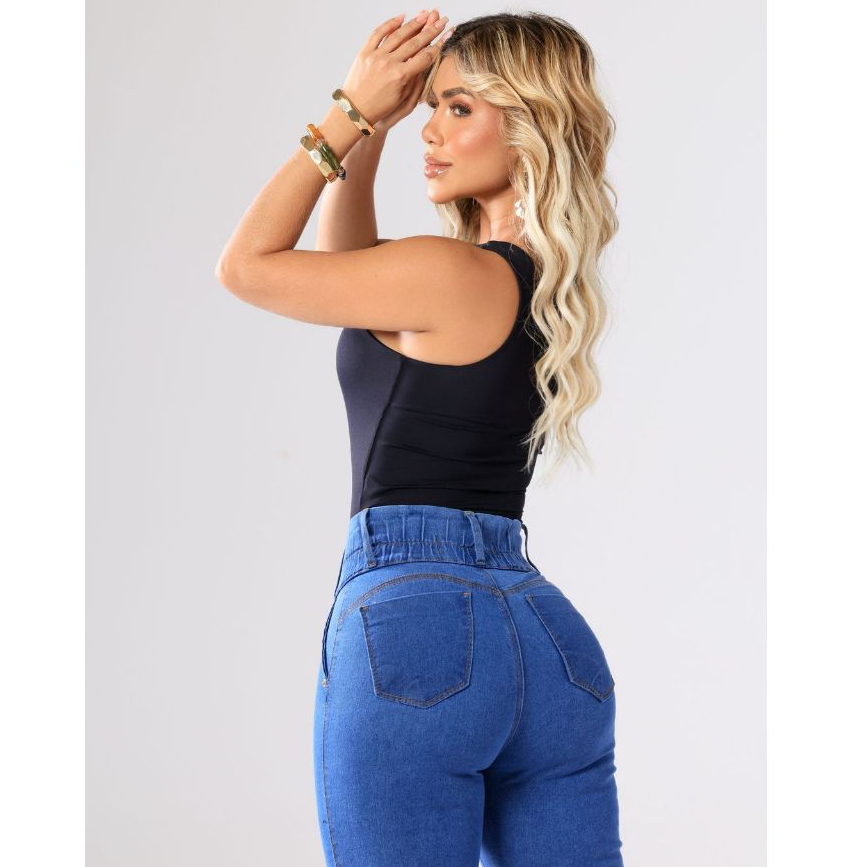 Calça Jeans Lipo Modeladora Cós Alto Empina Bumbum Strech Chapa Barriga