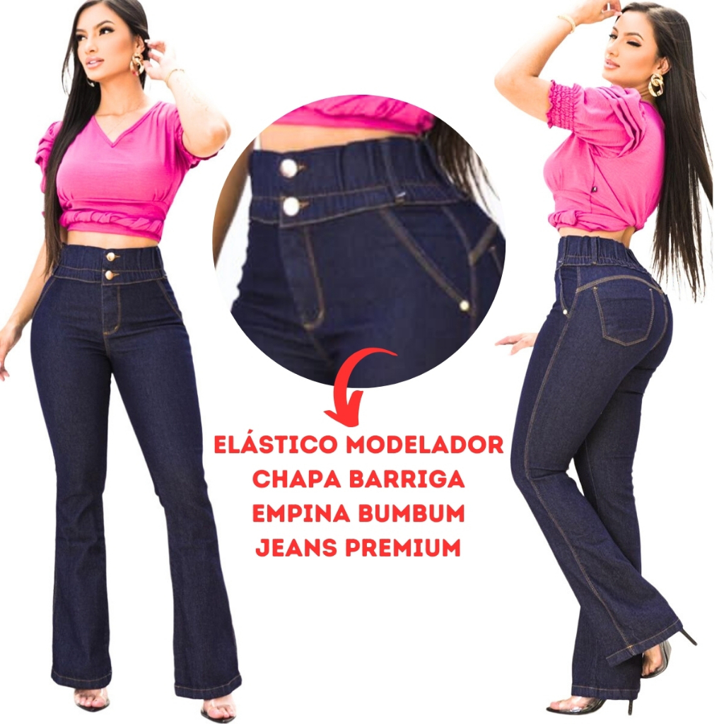 Calça Jeans Lipo Modeladora Cós Alto Empina Bumbum Strech Chapa Barriga