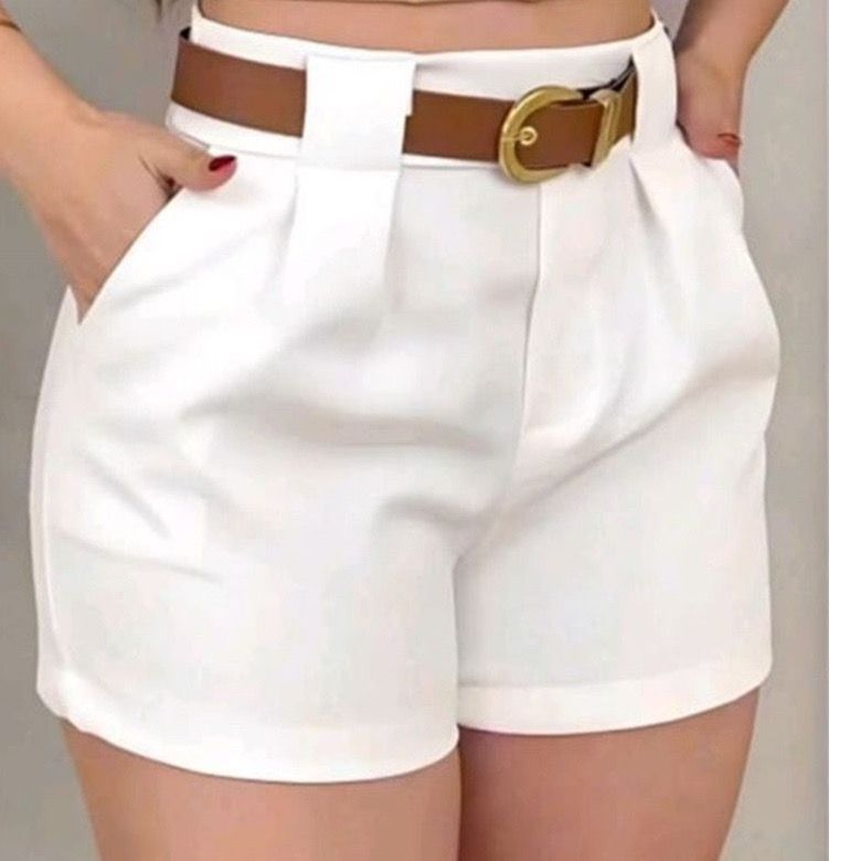 Short Feminino Social Com CINTO e BOLSOS Cintura Alta