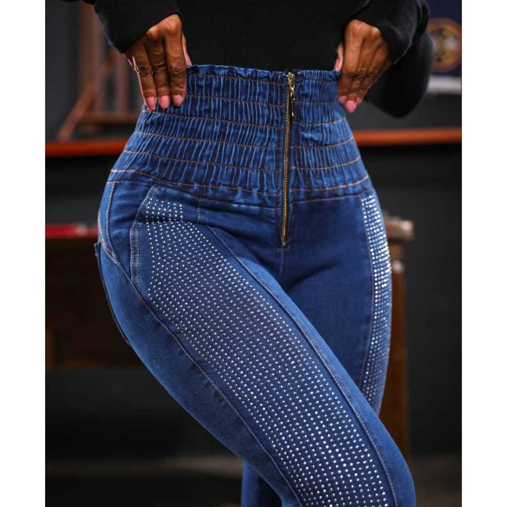 Calça Jeans Lipo Modeladora Cós Alto Empina Bumbum Strech Chapa Barriga