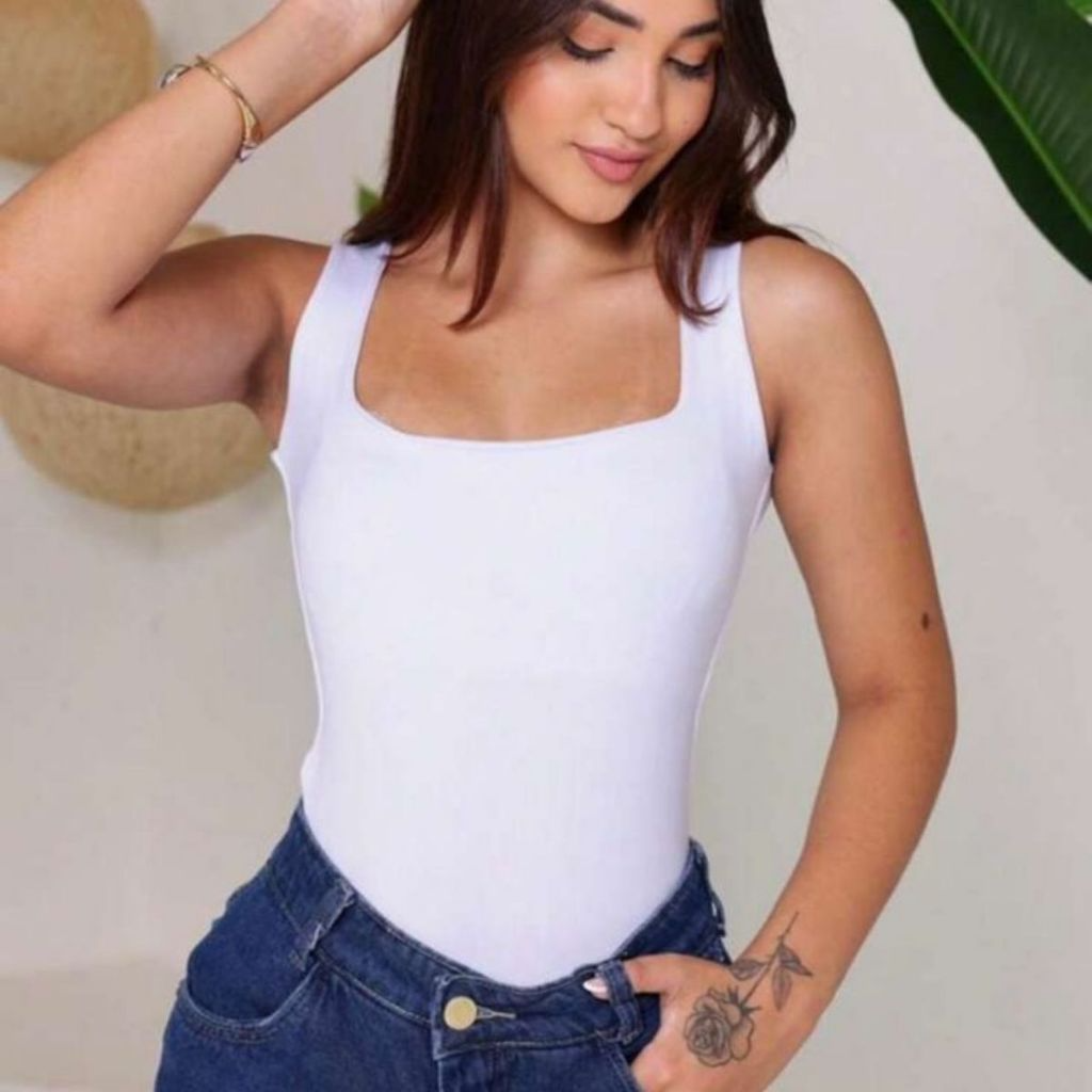 Body Feminino Suplex Regata Alças Grossas Collant Decote Quadrado Básico