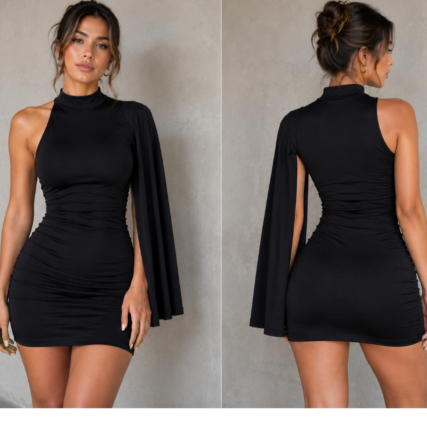 Vestido Feminino Curto Gola Alta Nula Manga Moda Gringa