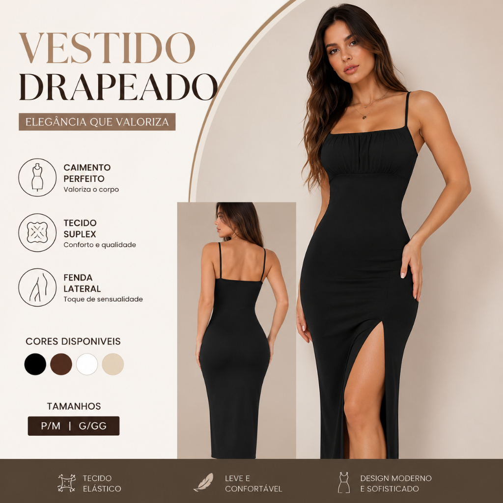 Vestido Feminino Midi Colado Com Fenda Na Frente Drapedo Suplex Premium