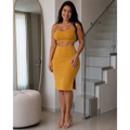 Conjunto Feminino Canelado Cropped Alça Saia Midi Tubinho Cintura Alta