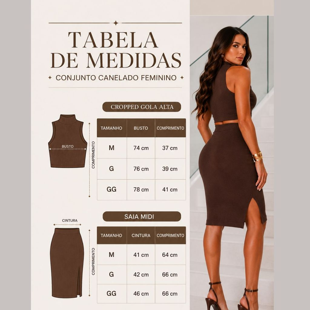 Conjunto Feminino Canelado Cropped Gola Alto 2 Peças com Saia Cintura Alta Midi com fenda lateral