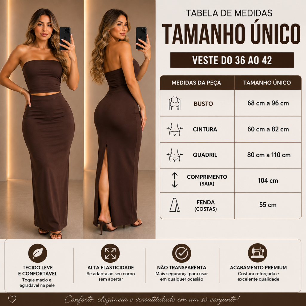 Conjunto Femenino Saia Longa Tubinho Com Fenda Na Cos Croped Tamara