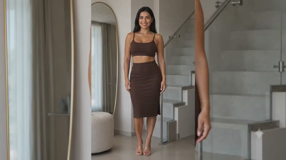 Conjunto Feminino Canelado Cropped Alça Saia Midi Tubinho Cintura Alta