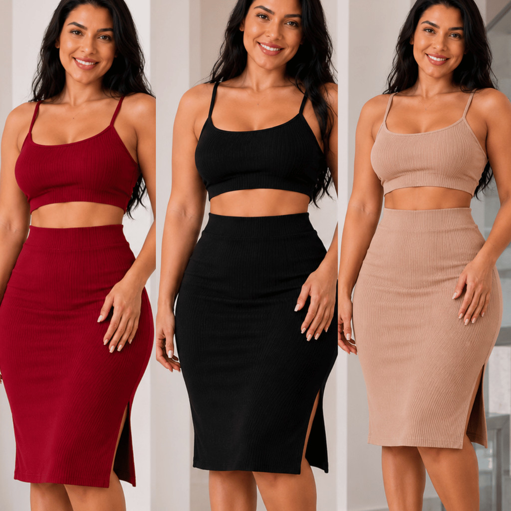 Conjunto Feminino Canelado Cropped Alça Saia Midi Tubinho Cintura Alta