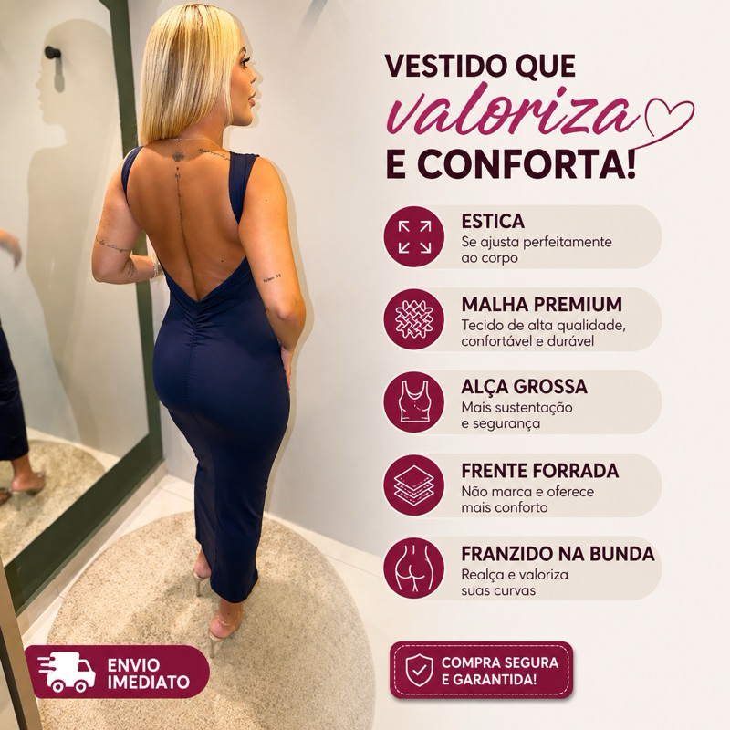 Vestido midi costa nua com frente forrada friso